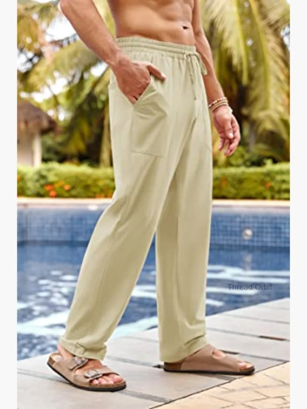 Men's Cotton Linen Pants Elastic Waist Drawstring Casual Trousers Straight Leg